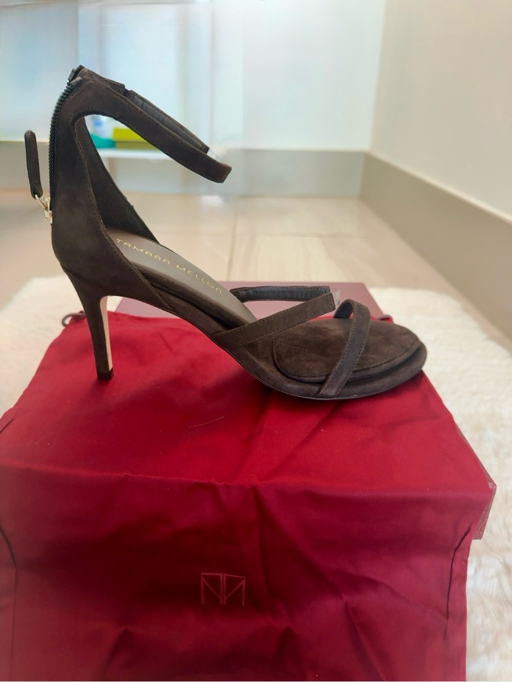 NEW Tamara Mellon Reverse Sandal 75 Coffee Suede Heels US 8.5 / EU 38.5